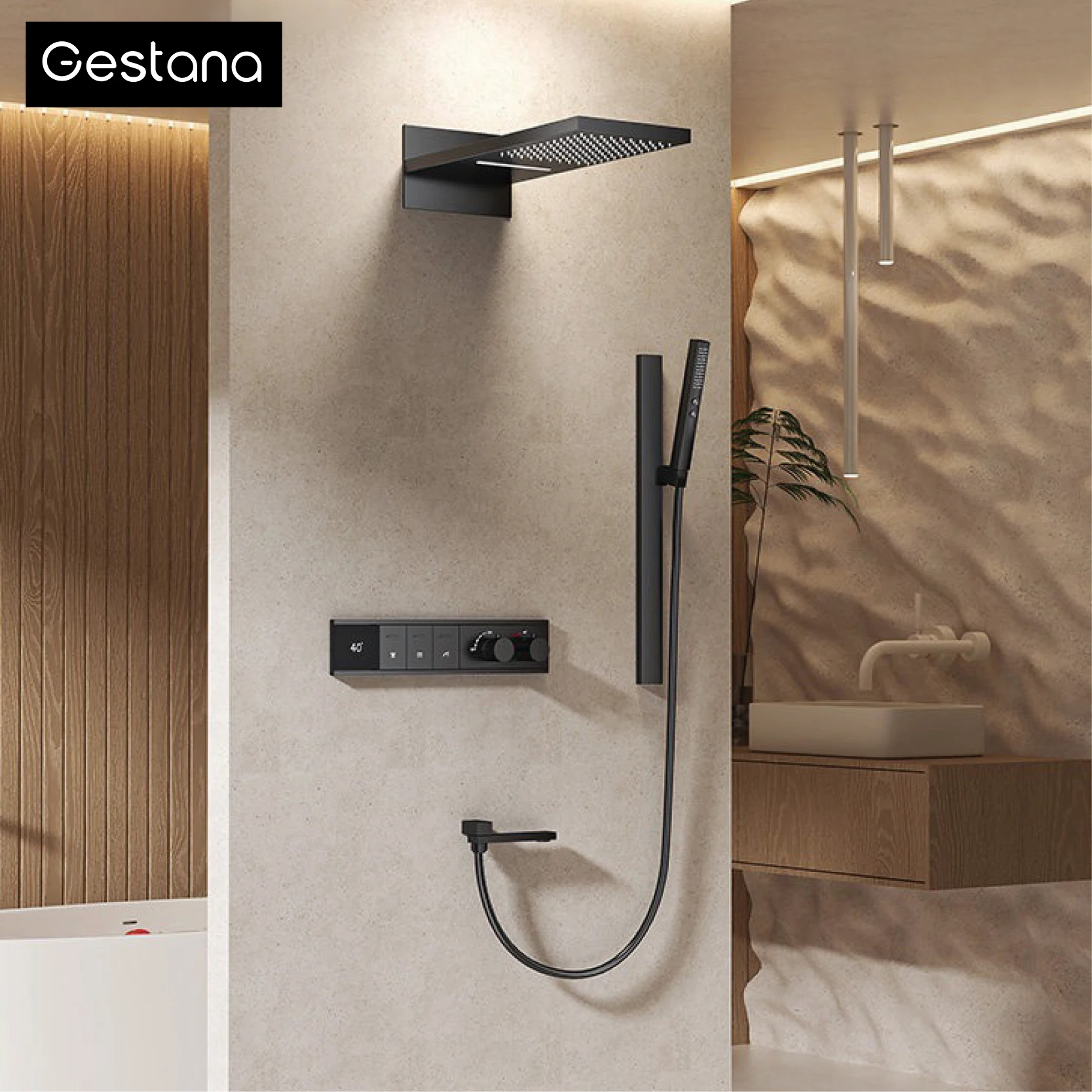Wandmontiertes Thermostatisches Duschsystem in Waffengrau, Messing LED-Digitalanzeige Höhenverstellbare Warm- und Kaltwasser-Badezimmer-Duscharmatur-Set