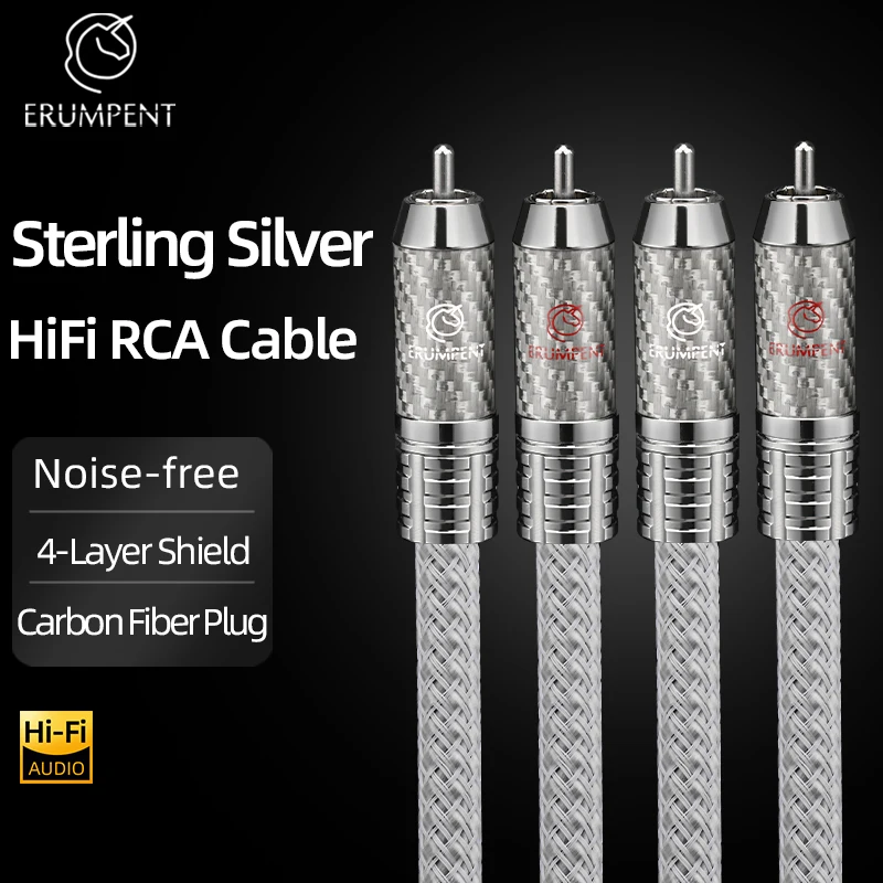 One Pair Sterling Silver RCA Cable HiFi Audio Interconnect New Pure Silver Core Wire with Locking Carbon Fiber RCA Plug