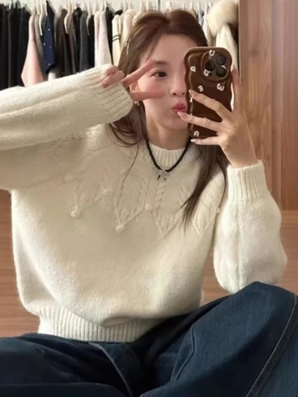 

Dongda Gate Women's round Ne Knitted Sweater Wool Long Sve ort Length Embroidery Autumn Winter Faion Casual Sle