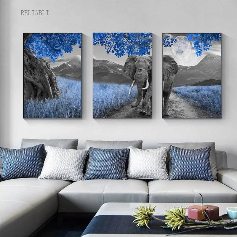 3Pcs Blue Landscape Elephant Posters Modern Living Room Decor Painting Animal Canvas Print Picture Wall Art Home Decorative