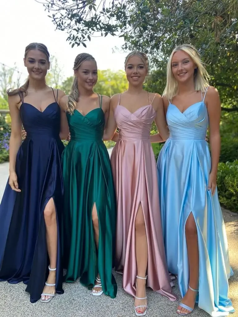 

Flavinke Spaghetti Straps Satin Prom Dresses Long Side Slit Bridesmaid Dresses Formal Occasion gala Women Evening Party Dresses