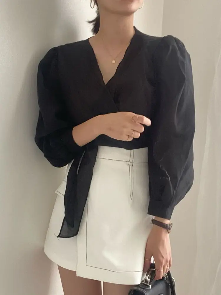 

Chic Early Autumn Women's Bubble Sve irt V-Ne Tie Waist Slimming ort Sle Korean Version Cotton Polyester Blend