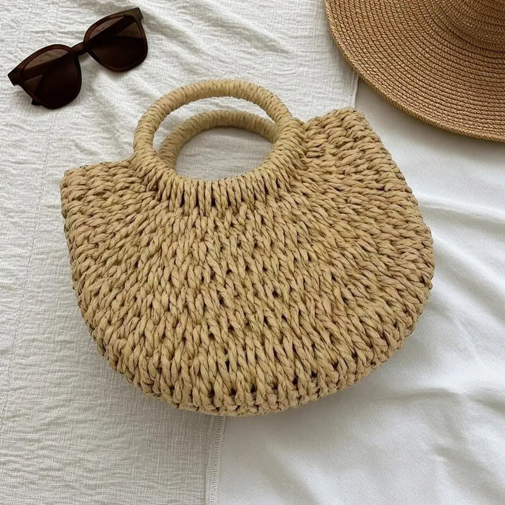 Woven Straw Handbag for Women Simple Design Summer Beach Bag Handle Purse, Casual Tote Bag, Handmade Paper Rope Bag
