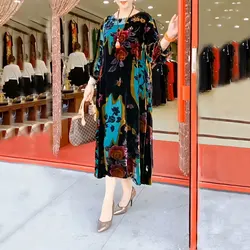 Female Clothing Vintage Floral Printed Dresses 2025 Spring Summer 3/4 Sleeve Stylish O-Neck Loose Straight Commute Long Dress
