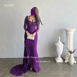 OLOEY Elegant Purple Full Lace Mermaid Evening Dresses Long Sleeves Sweetheart Split Prom Gowns Formal Party Occasion Dress