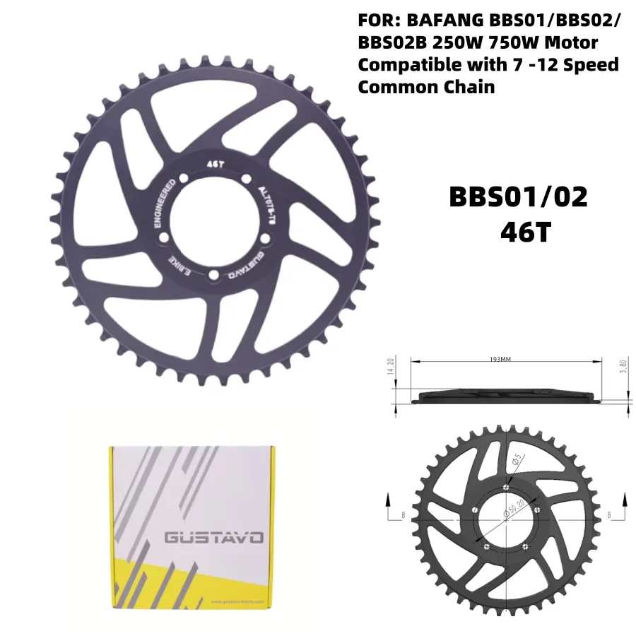 GUSTAVO Elektrofahrrad Kettenblatt für BAFANG BBS01 BBS02 Mittelmotor Kettenrad 36/38/40/42/44/46/48/52 Zähne