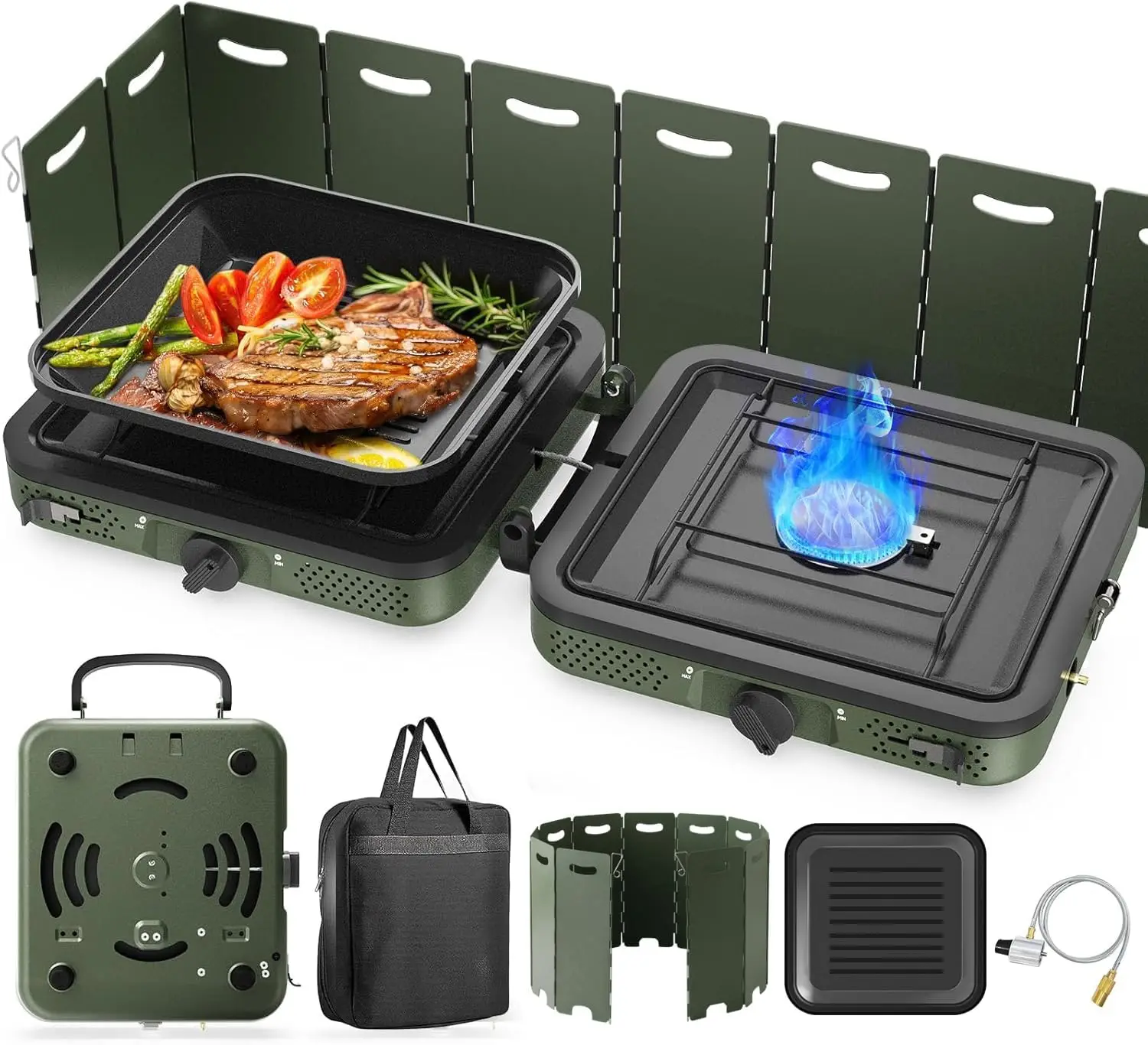 

2 Burner Propane Camping Stove with Grill, 17000 BTU, Foldable, Portable with Carry Bag & Windscreen, Piezo Ignition
