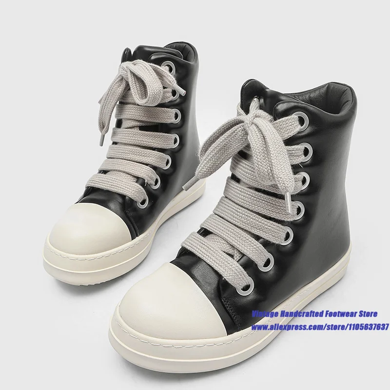 Men Two-Tone Black & White Leather High Top Sneaker Boots Round Toe Platform Sole Streetwear Fashion Ankle Booties Men's Boots