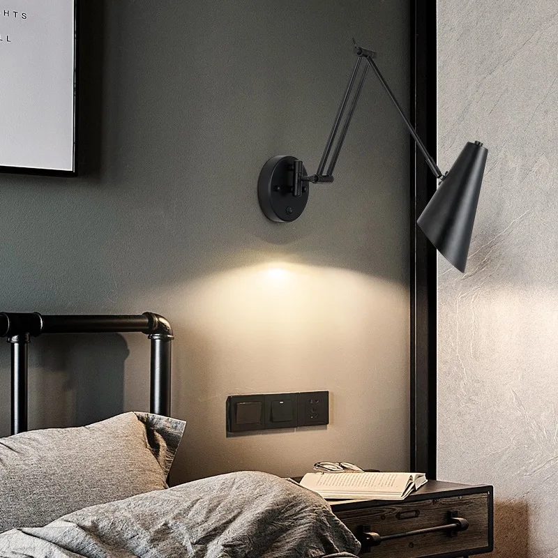 Modern LED adjustable swing long arm wall lamp, wall washing lamp, home bedroom bedside reading switch, decorative wall lamp