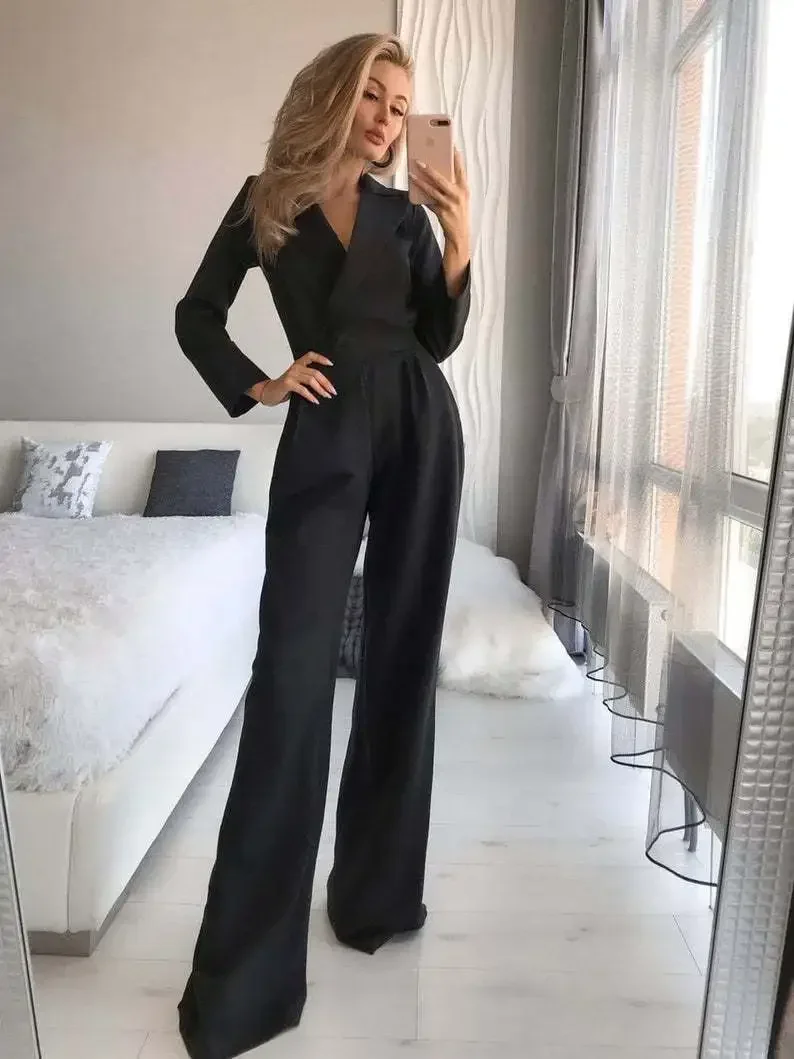 Lady Fashion Solid Color V Neck Tight Formal Office Jumpsuit Women Loose Long Sleeve Wide Leg Pants Elegant Rompers Jumpsuits