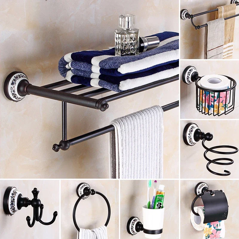 

Black poceilain decoration finish copper Brass Bathroom accessories Bath Hardware Set Towel Rack Towel Bar Paper Holder