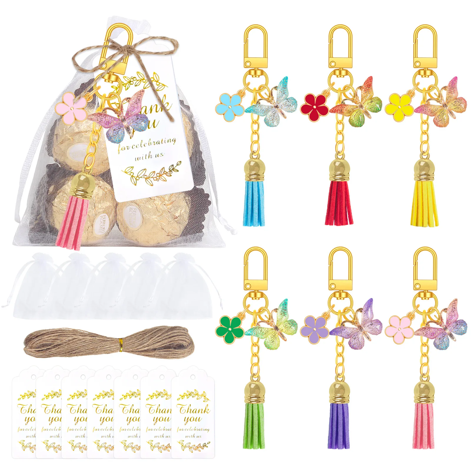 

30 комплектов цветных брелоков-бабочек с кисточками, сувениры для свадебных вечеринок, набор брелоков-бабочек с карточками и органзой, подарок на день рождения
