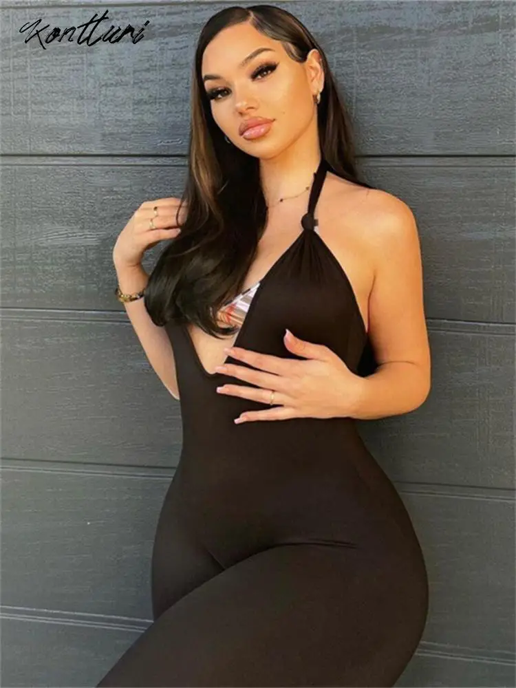 

Kontturi Casual Solid Outfit Backless Jumpsuit For Women 2023 Halter V Neck Sleeveless Playsuit One Piece Black Bodycon Jumpsuit