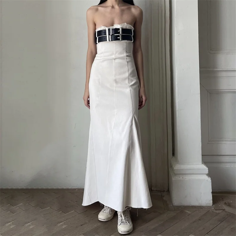 

Womens dresses 2024 Summer New Belt Decorative strapless long dresses Off the Shoulder Sleeveless Dresses Cotton Party dresses