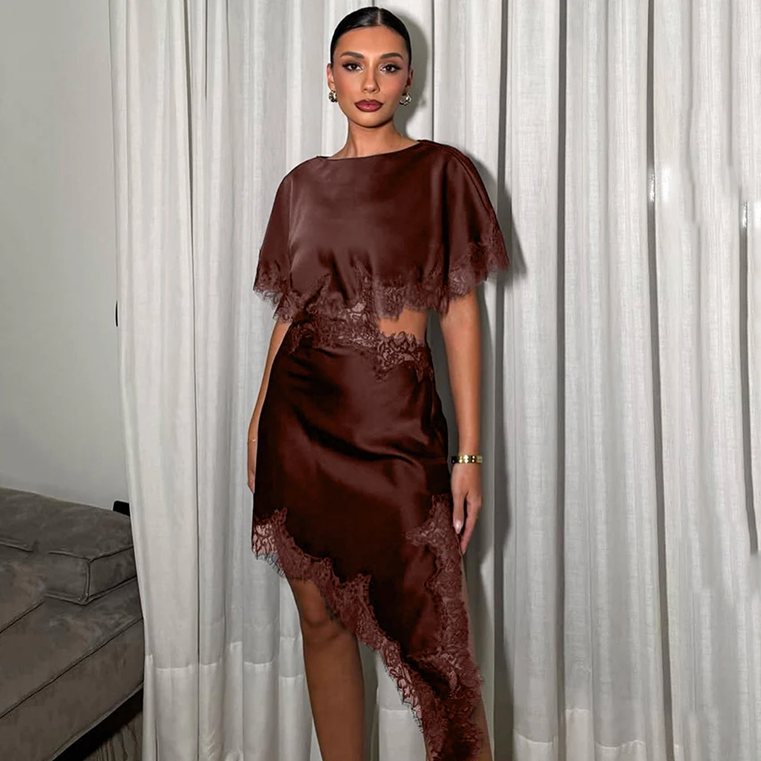 Linad Sexy Aushöhlen Split Midi Kleid Elegante Hohe Taille Seide Asymmetrische Kleider Vintage Braun Satin Spitze Kleid 2025, Herbst