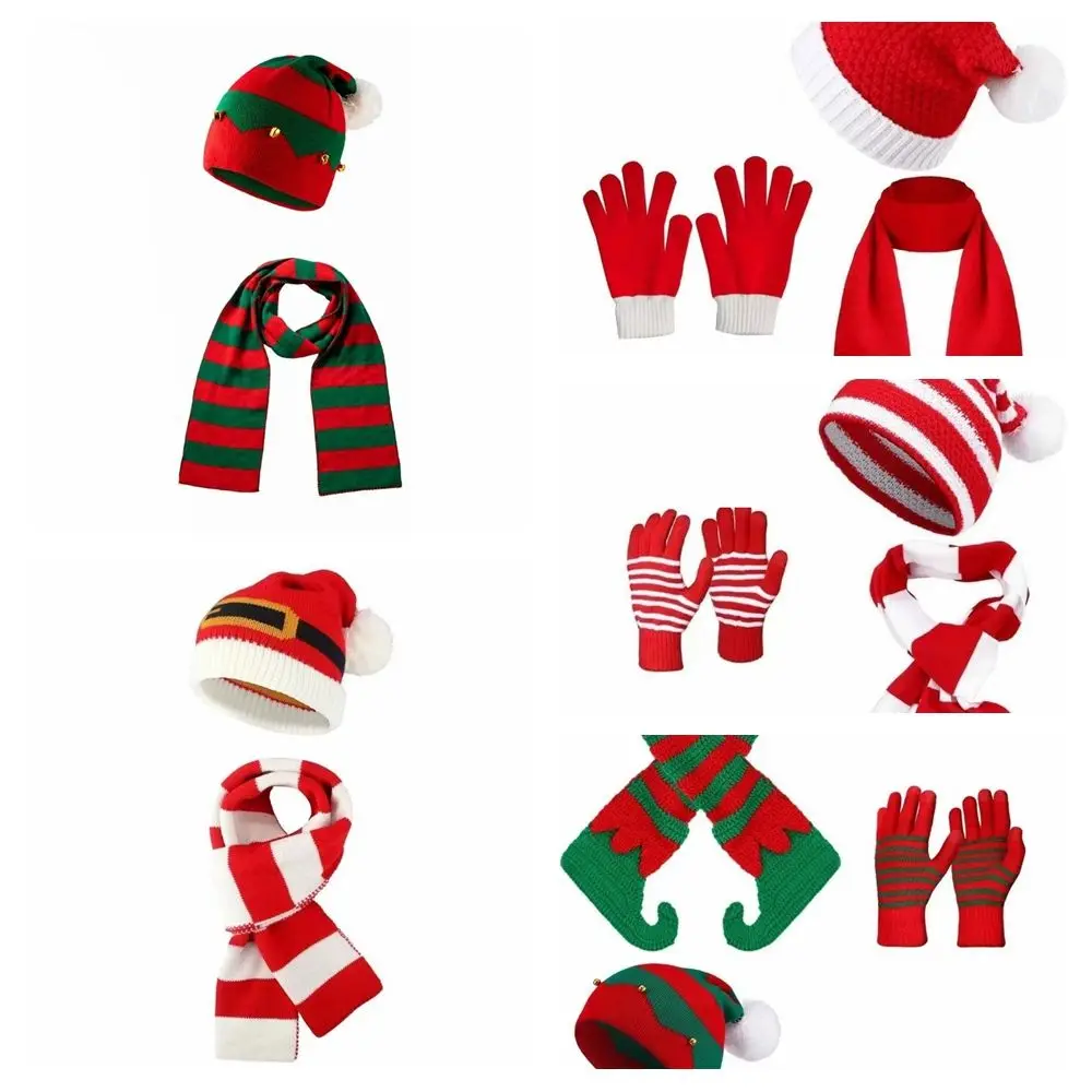 Thermal Yarn Christmas Hat Scarf Gloves Pom Xmas Beanie Striped Pattern Elastic Fit Knitted Holiday Scarf Outdoor Skating