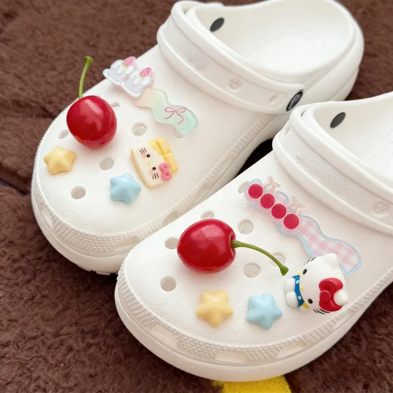 

Набор из 10 шт. декоративных элементов для сандалий Hello Kitty с бантиками в виде вишни, милые мультяшные украшения для обуви, аксессуары для вечеринок