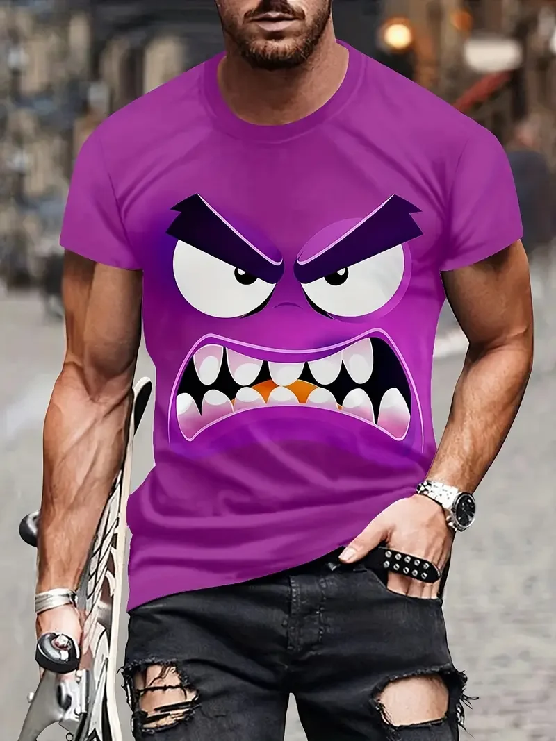 

Men's Trendyy 3D Smiley Face Print Casual T-Shirt - Round Neck, Short Sleeves, Polyester Blend, Machine Washable - Perfect Choice for Spring/Autum