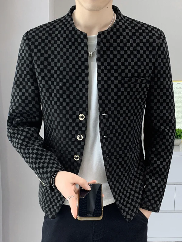 

Весенне-осенний тонкий новый мужской повседневный пиджак в корейском стиле, молодежный, в клетку, модный, без воротника