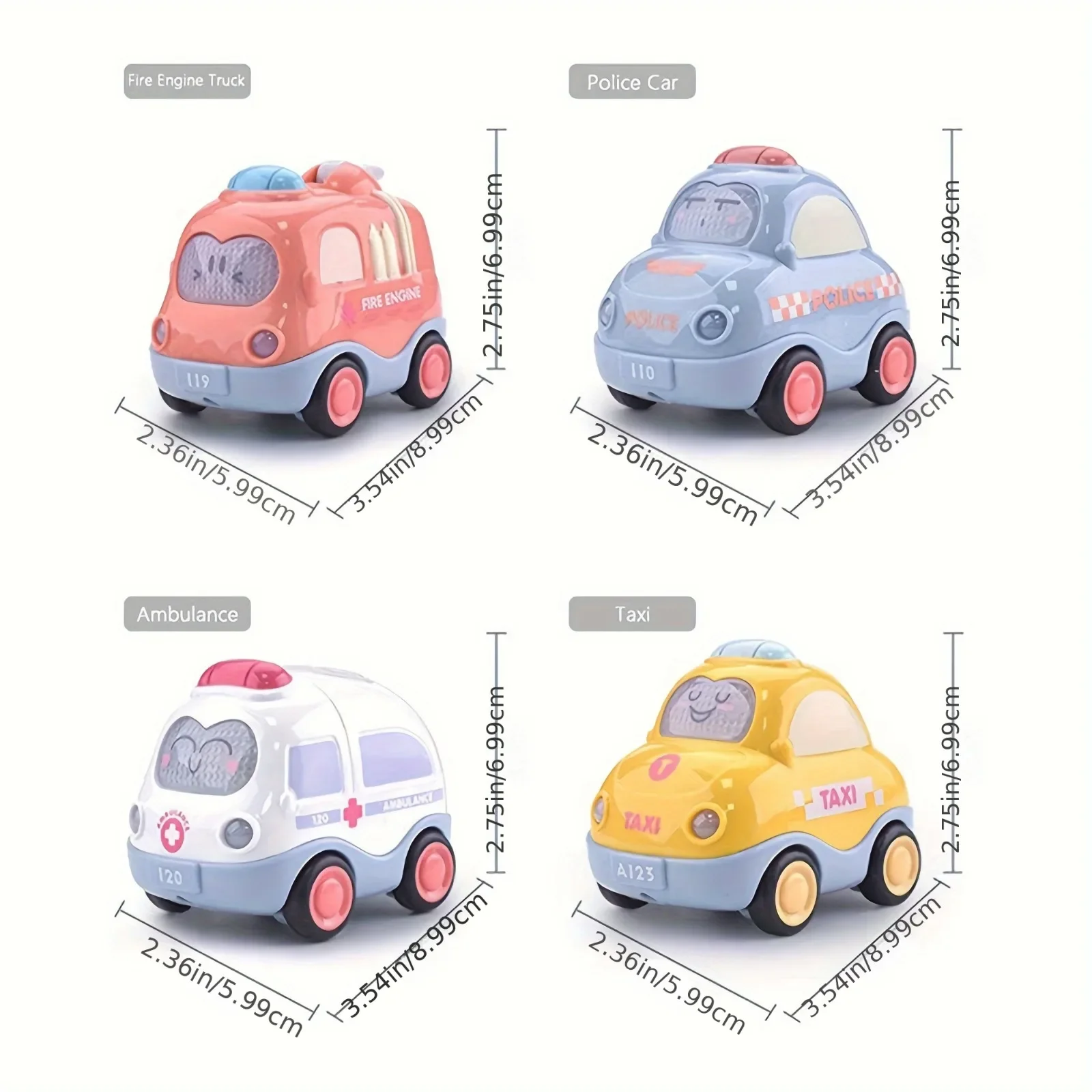 Pull Back Vehicle Toy Toddlers Cars with Lights & Sound, Police Car, Ambulance, Fire Truck, Taxi Birthday Party Gifts Toy view 3