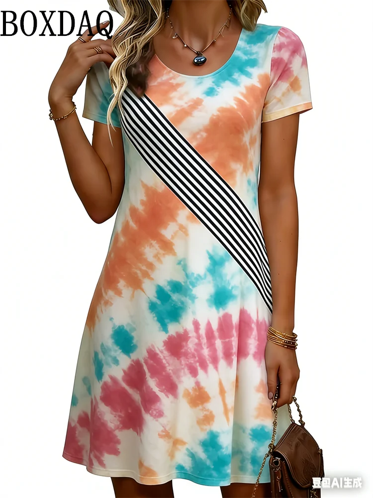 

Платья с градиентным принтом тай-дай для женщин, летняя модная одежда 2026, свободное платье с коротким рукавом и 3D-принтом в полоску, повседневное женское платье