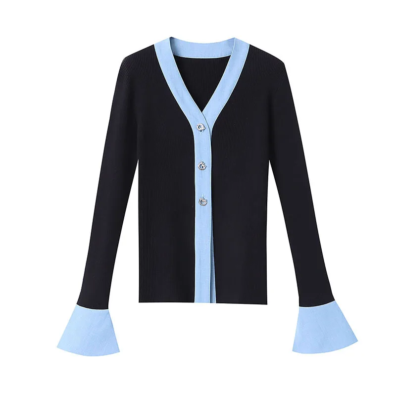 Trendy denim color splicing trumpet sleeve slim V-neck sweater 2023 early spring new knitted cardigan