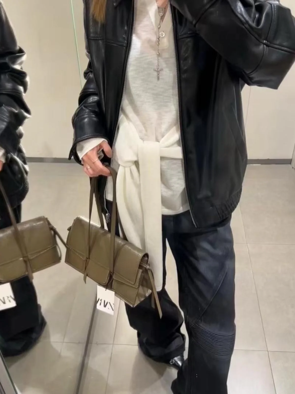 ربيع الخريف المرأة الجديدة فضفاضة الأمريكية Sle فو الجلود الطيار Jaet ملابس خارجية طويلة Sve سستة إغلاق الشارع Sle #5