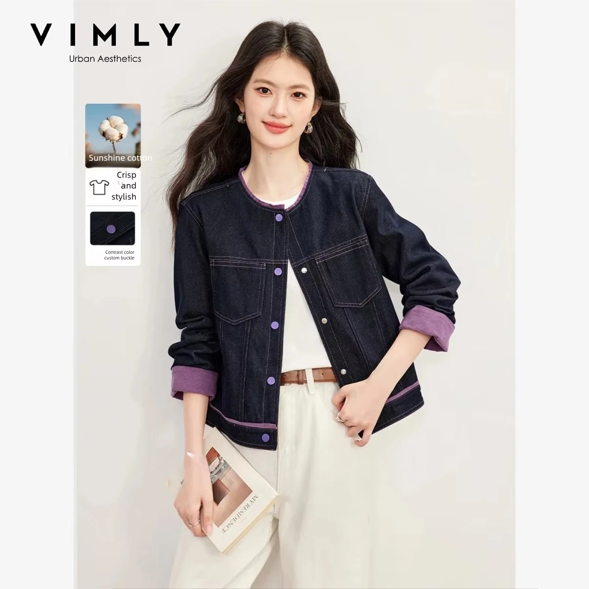 VIMLY Vintage Color Block Denim Jacket for Women Autumn Elegant Casual Coat Fashion Loose-fit Long Sleeve Outwear Female 31819