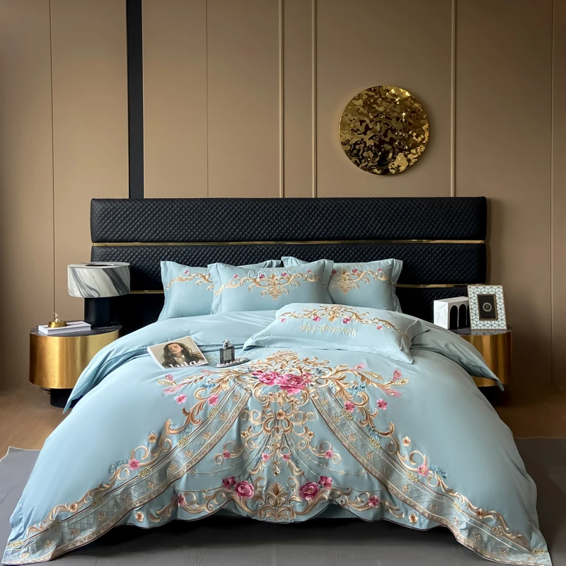 

Luxury Exquisite Flowers Embroidery Bedding Set Queen King Duvet Cover Set Flat/Fitted Bed Sheet Pillowcases Wedding Bed Set