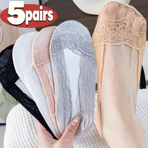 Imagen 2 del producto 1/5 pares de calcetines cortos de encaje con flores para mujer, calcetines tobilleros antideslizantes de silicona de verano, zapatilla Invisible, calcetines de barco huecos de algodón para mujer