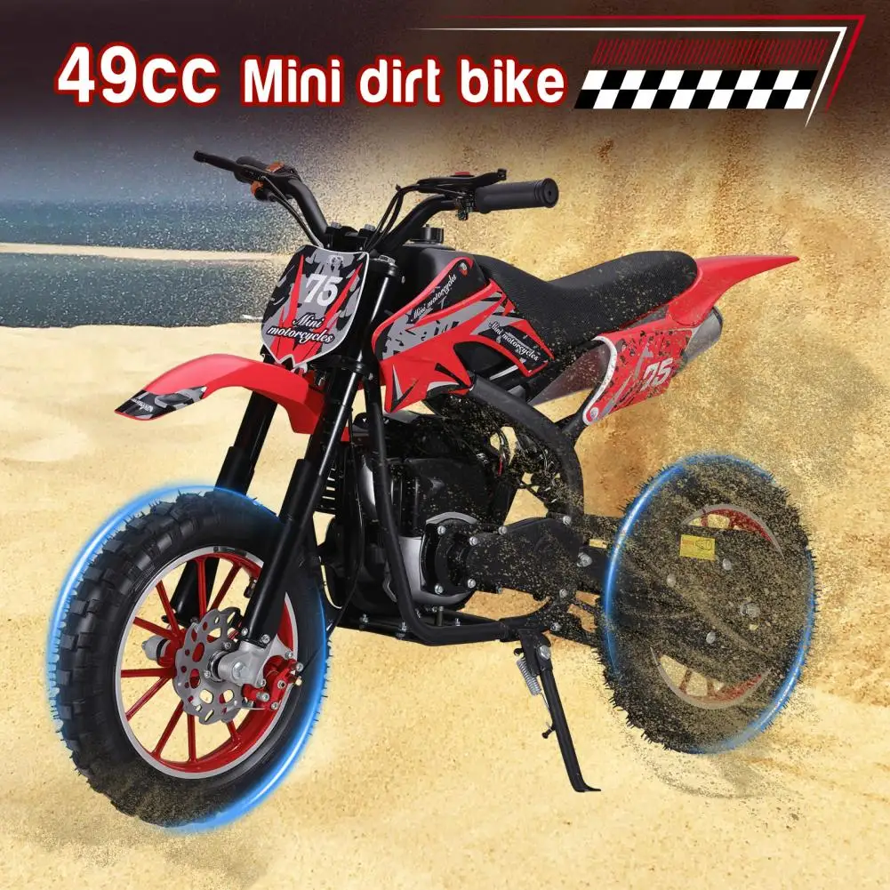 Mini Motorcycle, Dual Exhaust Pipes Manual Start 49cc 4-Stroke Kids Dirt Bike, Disc Brakes Gas Power Kids Off-road Motorcycle