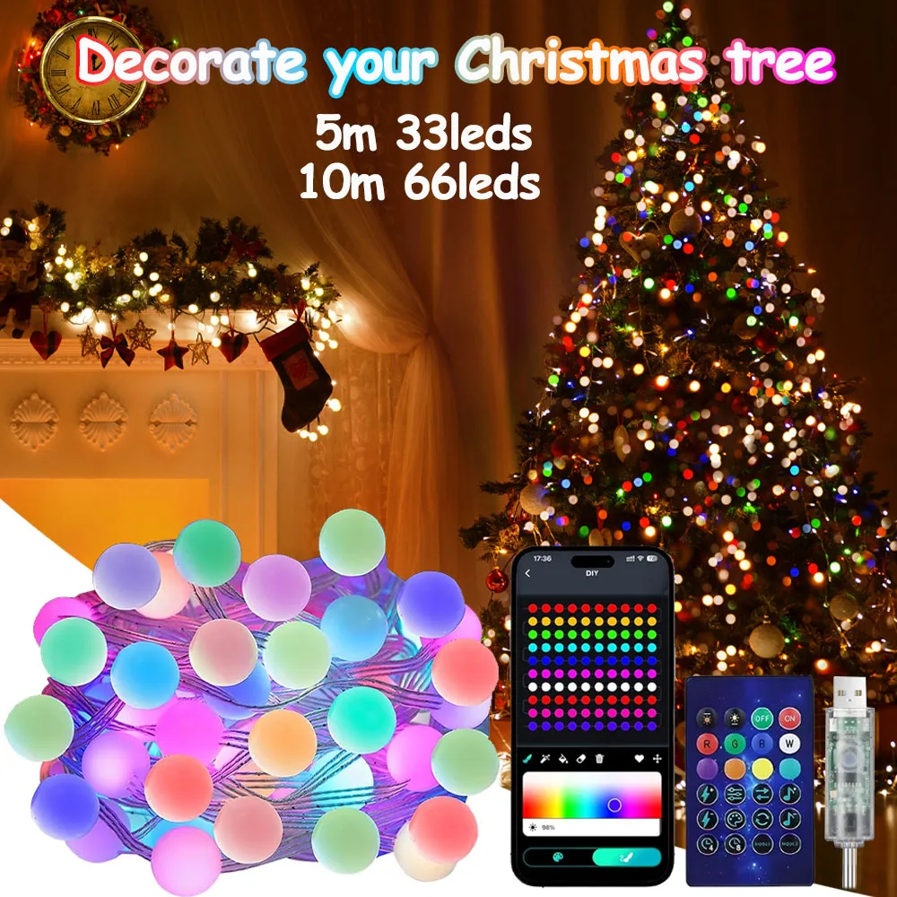 

Умные рождественские гирлянды 10 м/32,8 фута, 66 светодиодных гирлянд в форме глобуса для внутреннего и наружного применения, синхронизация музыки для декора рождественской елки
