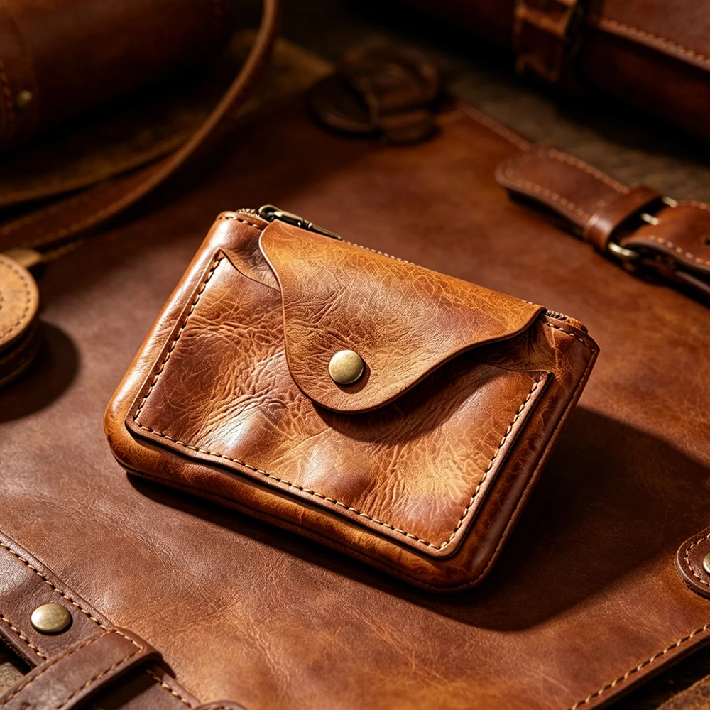 

New Slim Short Men's Wallet Vintage Genuine Leather Card Holder Zipper Male Coin Purses High Quality Snap Men Money Clips