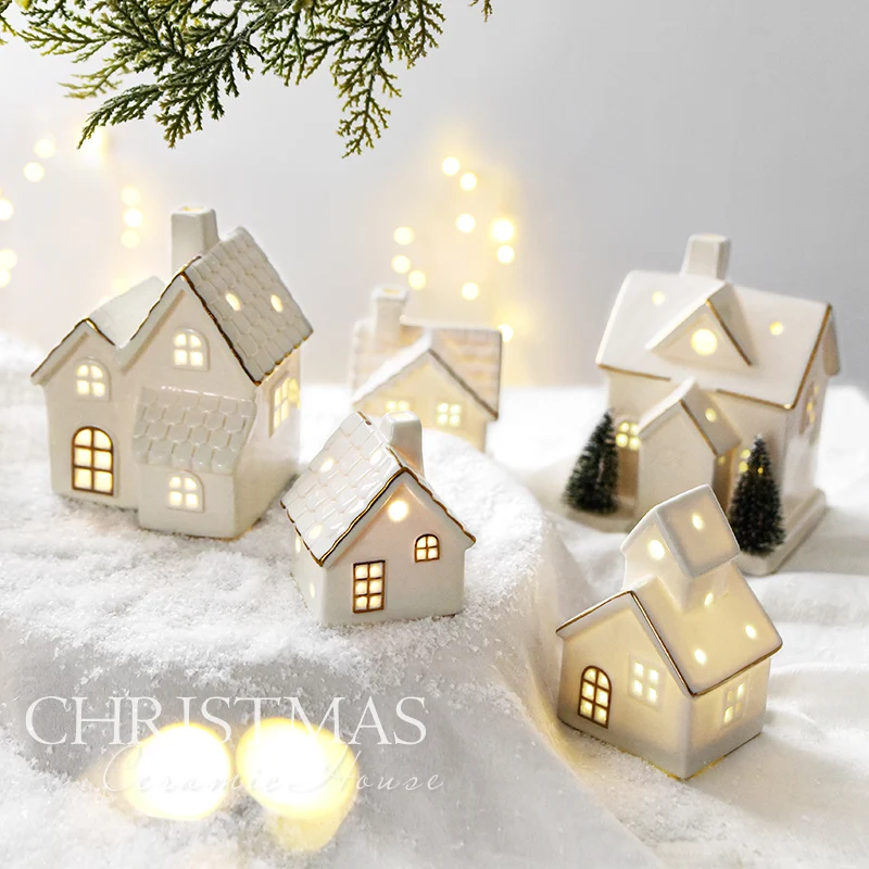 1 Stück Keramik-Leuchthaus Weihnachtsdekoration LED-Hütte Weihnachtsbaum Tischdekoration Feiertagsparty-Szene Deko Geschenk – Detail 2