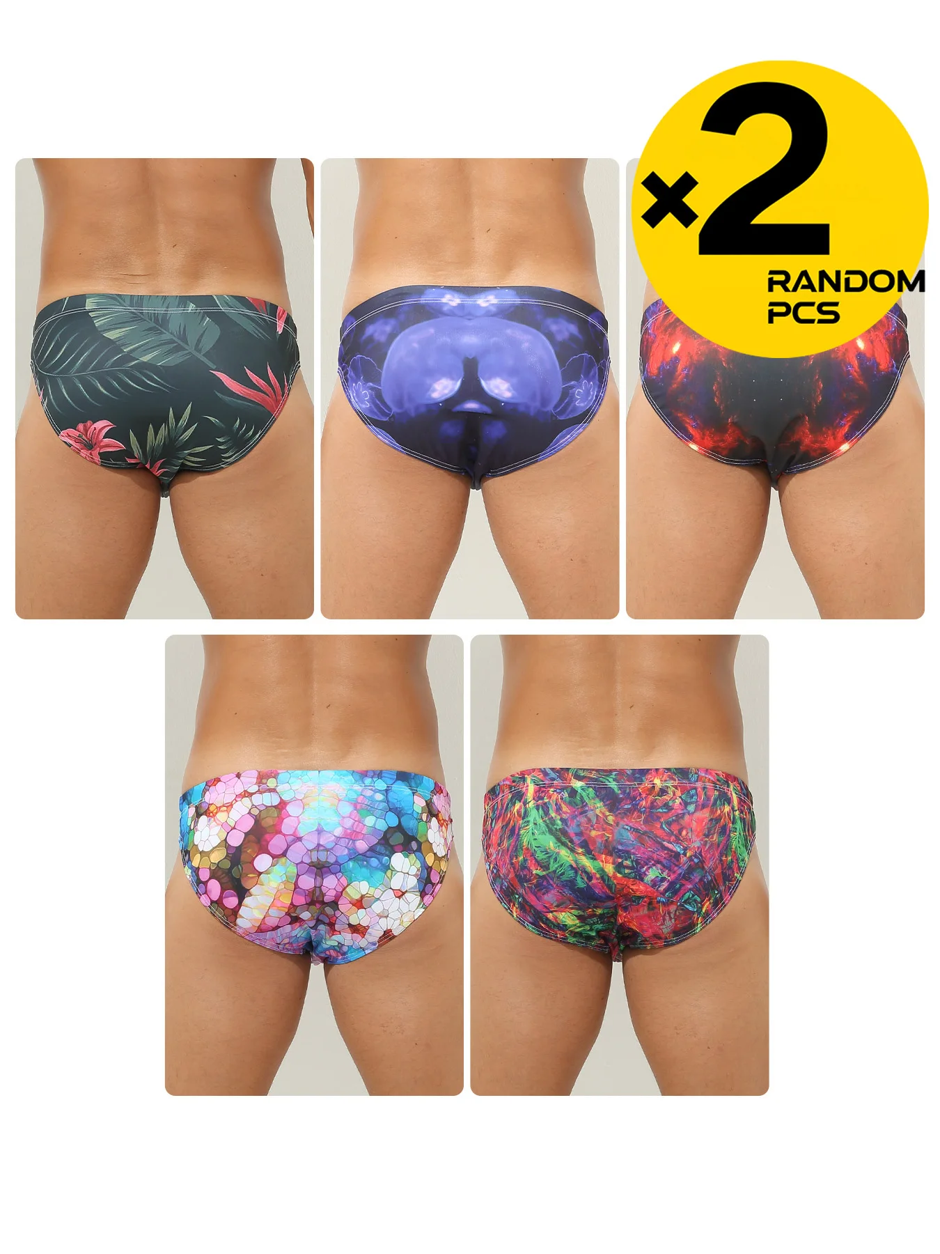 Men's Large Size Print Swim Briefs 2-Pack with Drawstring Bikini Inner Casual Beach Sports Swimming Underwear Random Styles