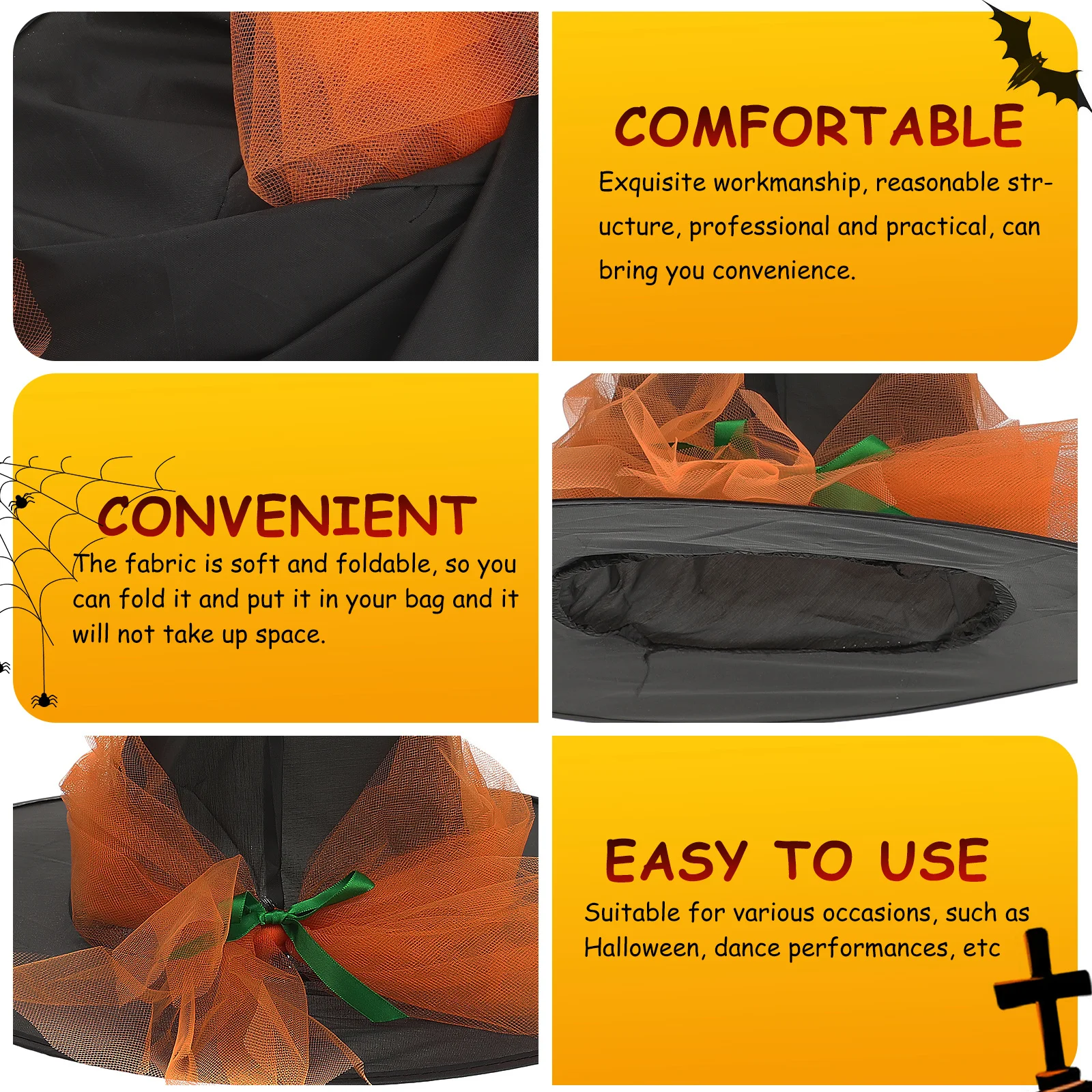 

Halloween Witch Hat Cloth Wide Brim Ribbon Decor Pointed Tip for Women Costume Party Role Play Carnival Witch Hat