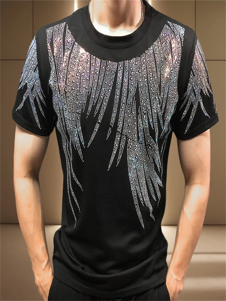 Diamond Tassel Tshirt Short Sleeve Streetwear Men Top Quality Tees Camisetas Hombre Rhinestone Casual O-Neck Tee Shirt Homme