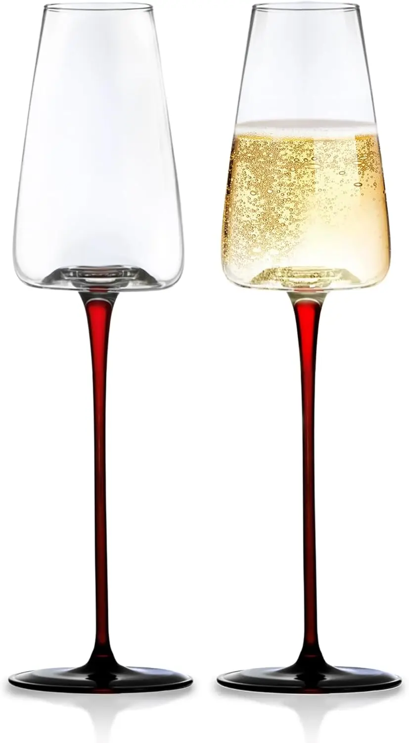 

Concave Champagne Glasses - Red Stem & Black Bottom, 9oz Set of 2 for Wine, Rosé, Prosecco - Handcrafted Barware Gift