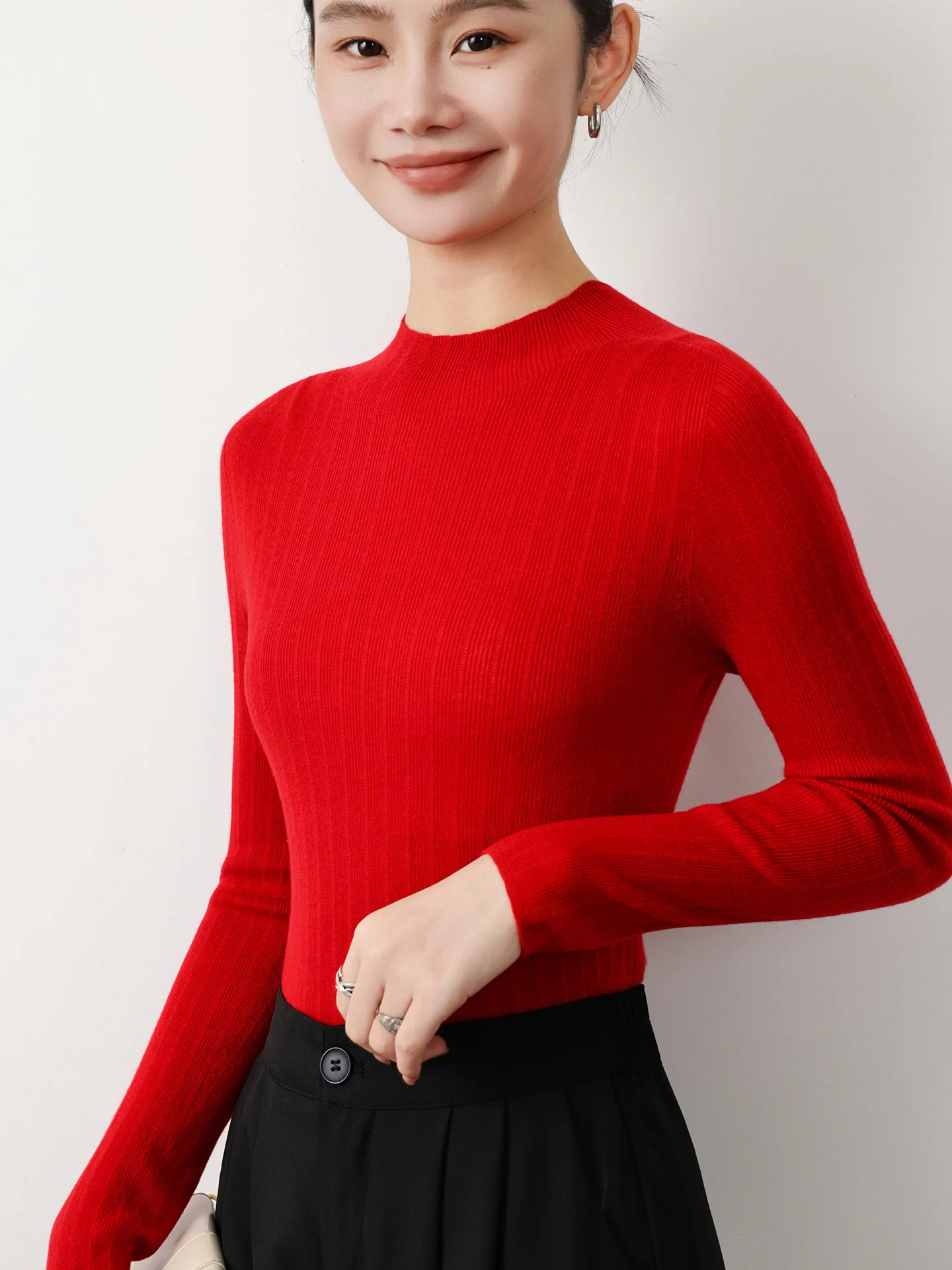 New Autumn Winter Women 100% Merino Wool Mock Neck Long Sleeve Knit Sweater Dark Slim Fit Inner Pullover Tops