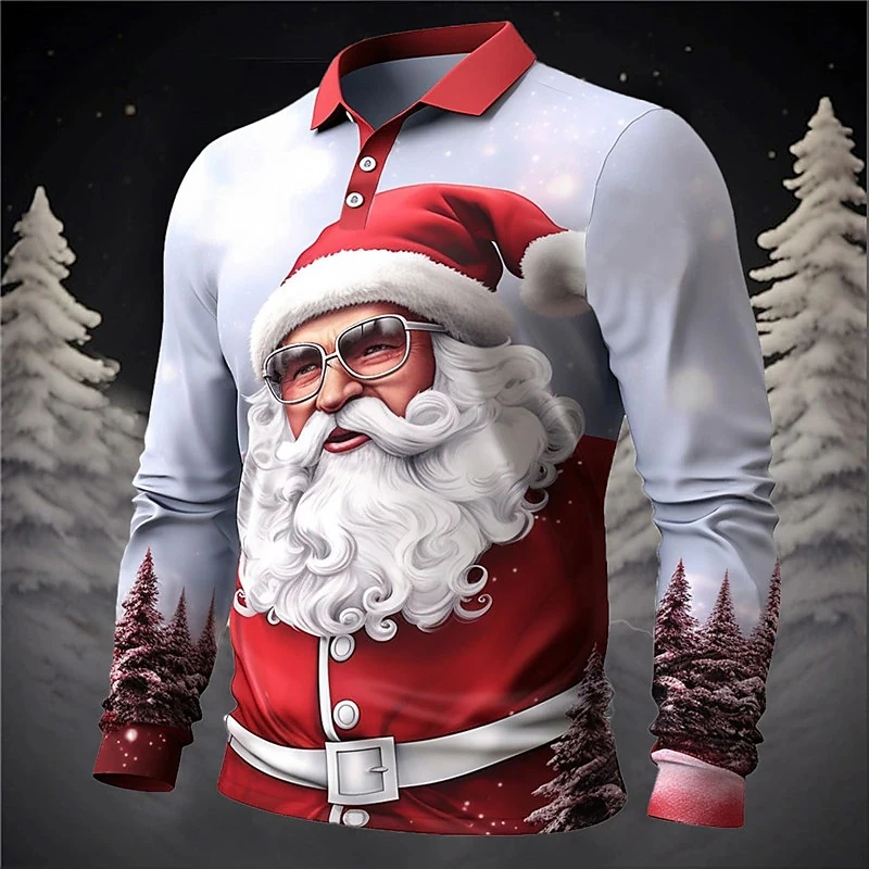 

Men's Christmas Long Sleeve Polo Shirts 3D Print Santa Claus Graphic Button Lapel Clothes Fashion Festival Family Party Pullover