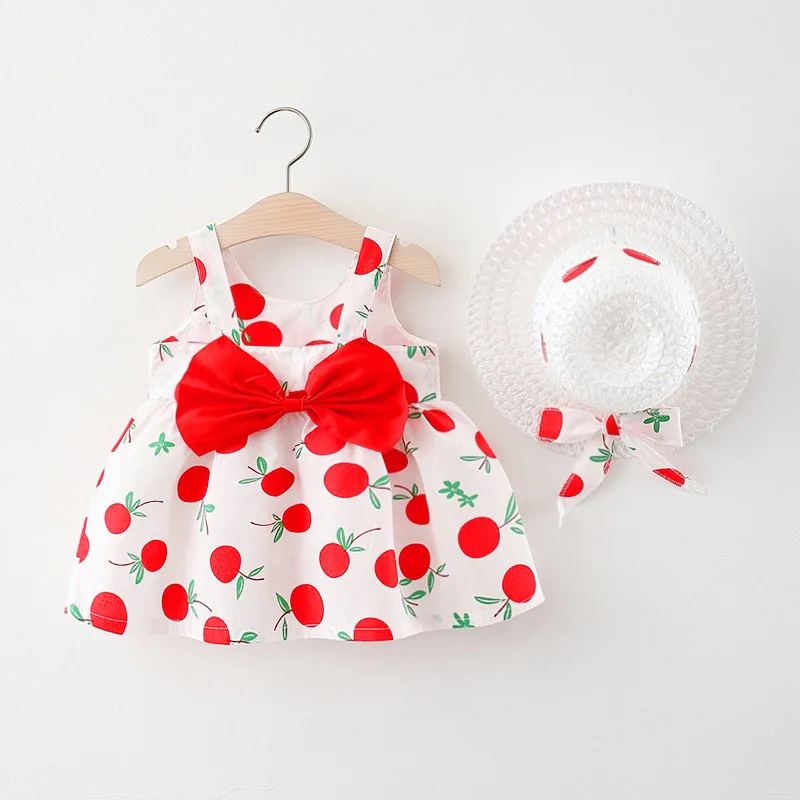 2Piece New In Summer Baby Girl Clothes Korean Cute Bow Lemon Print Sleeveless Cotton Toddler Dress+Sunhat Kids Dresses Set BC145