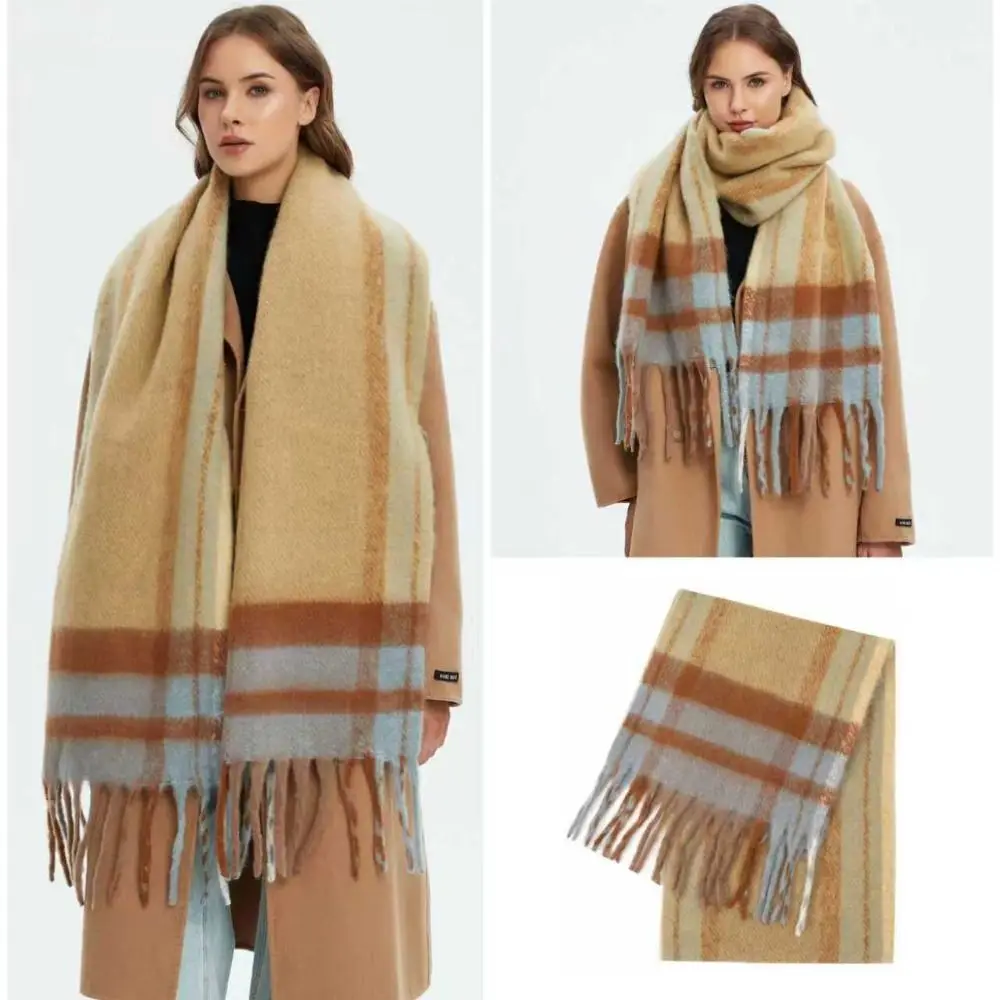 Classic Mohair Plaid Wool Scarf Thick Rainbow Tassel Shawl Preppy Korean Style Women Cape Women/Men