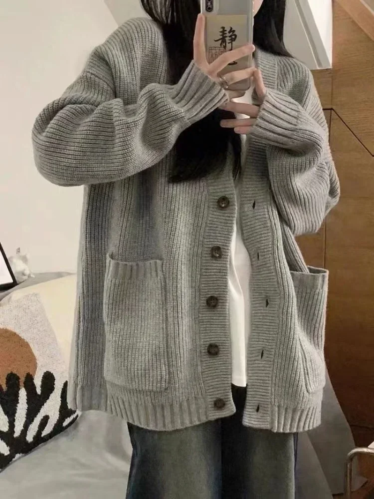 

Gray V-neck Sweaters Women Solid Unisex Autumn Cardigan Fashion Long Sleeve Knitwear Basic All-match Aesthetic Jumpers Harajuku