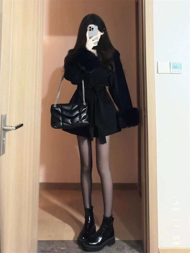 Franse stijl elegante losse wollen jas dames herfst winter effen bont patchwork modemengsels Hepburn vintage cape wollen jassen