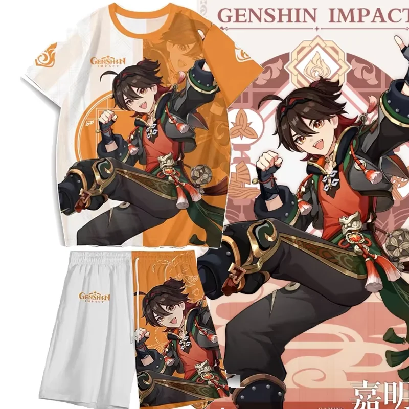 

Popular Genshin Impact T-shirts Shorts Set 3D Raiden Shogun Print Tee Suit Men Women Tracksuit 2 Piece Jogger Cosplay Set
