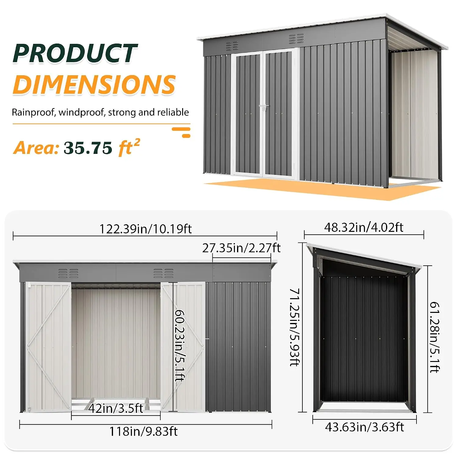 Outdoor Storage Shed, 10 X 4 FT Large Metal Utility Tool Sheds with Floor Base & Wood Storage, Steel Garden Shed, Customized