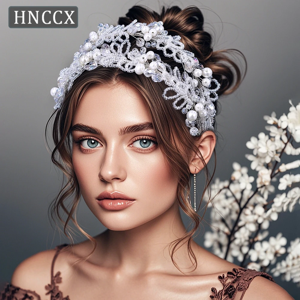 HNCCX Handmade Bridal Hair Hoop Pearl Hair Accessories Rhinestone Flowers Headband Bride Shiny Headdress For Women Party CP654