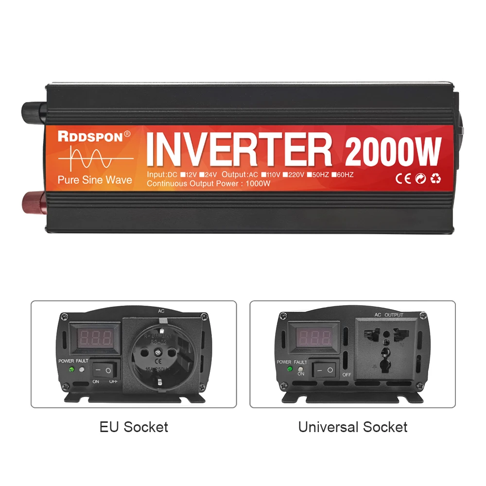 RDDSPON Pure Sine Wave Car Inverter 1600W 2000W Power Solar Off Grid Inverter DC 12V 24V To AC 220V 50Hz 60Hz Voltage Converters