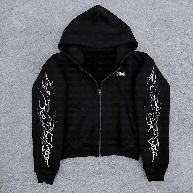 الهيب هوب ريترو الشرير تصميم الاتجاه كول طباعة الشارع الأمريكي النساء الرجال قلنسوة بسحاب كبيرة الحجم فضفاضة طويلة الأكمام سترة 2000S دعوى