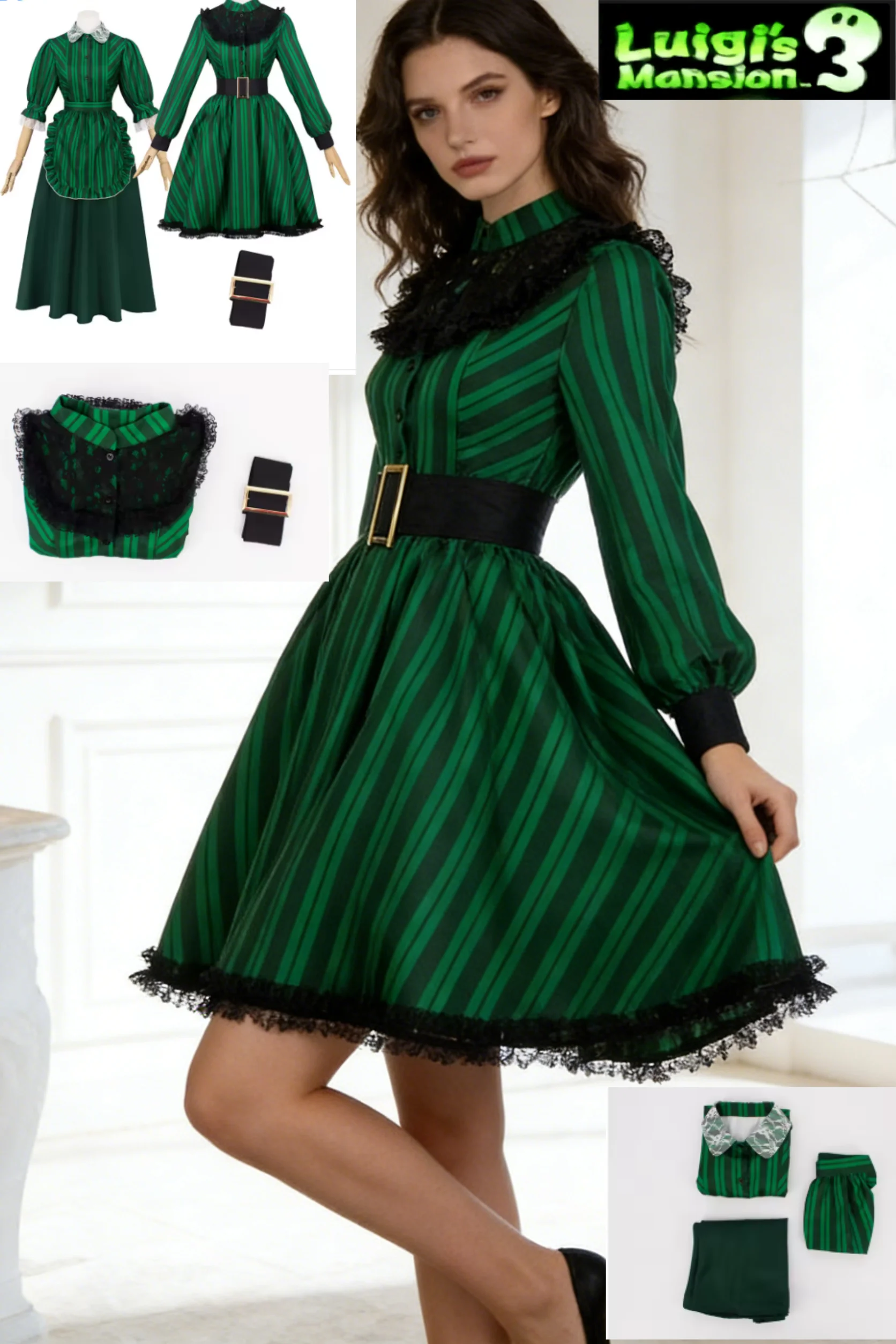 

2026 new COS Anime Movie Haunted Cosplay Mansion Costume Housemaid Green Stripes Butler Theme Party Halloween Role-play Costumes